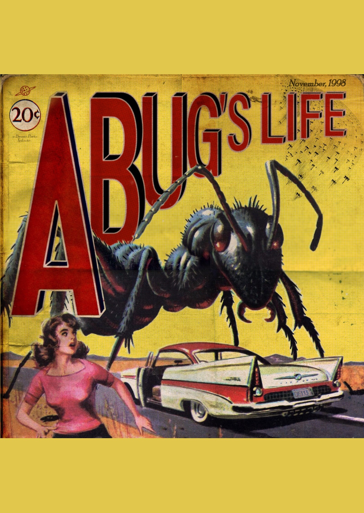 cartaz com imagens de colagens de uma mulher fugindo de uma formiga gigante