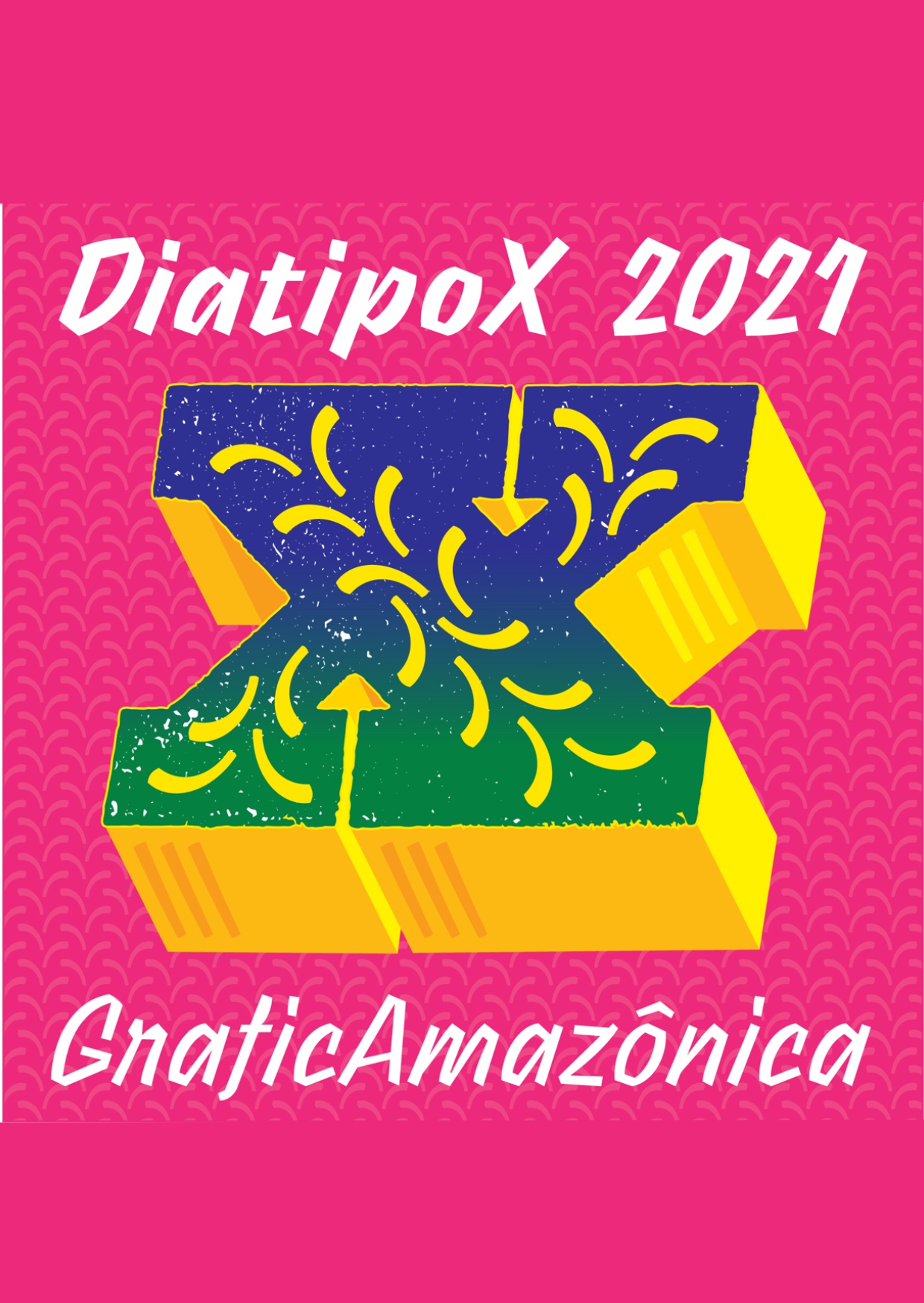 ilustração tipográfico com fundo rosa e x em verde e amarelo