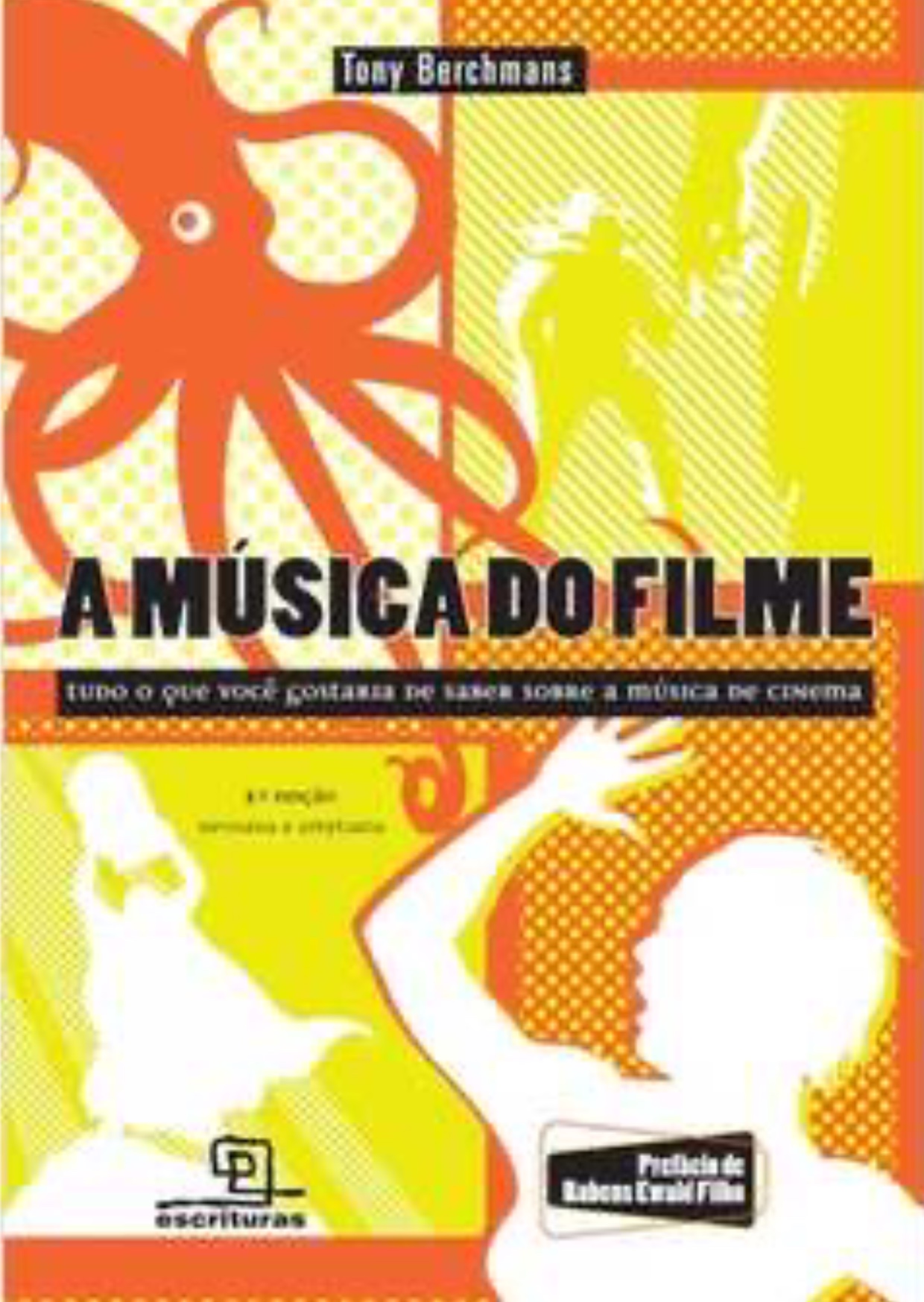 capa do livro 'a música do filme', cujo o autor é o convidado, com imagens em sombra com cores amarelo e vermelho predominante